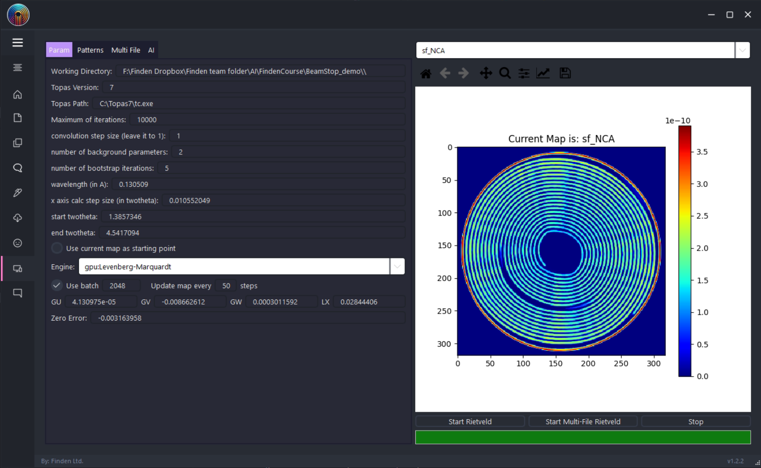 BeamStop Image Rietveld tab showing fitted patterns and parameter maps