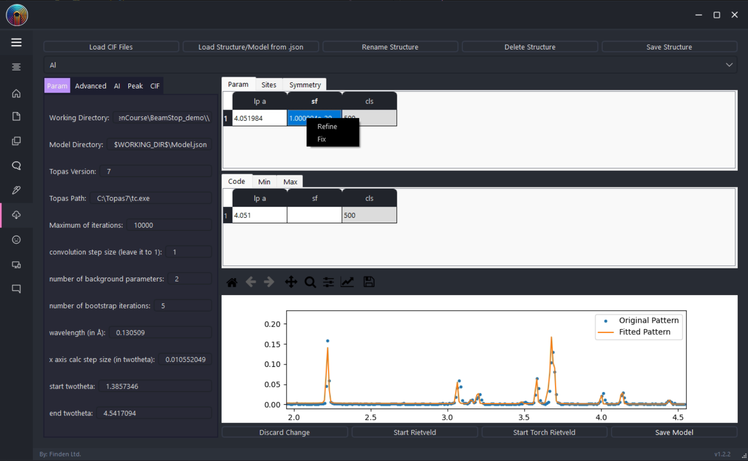 BeamStop Model Builder showing phase settings and observed and calculated diffraction profiles
